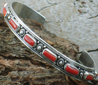 Tibetan Coral Cuff Bracelet - sz 7.5